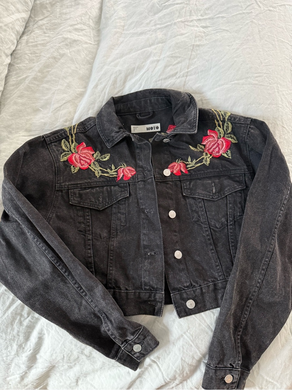Topshop Black Denim Jacket with Rose Embroidery